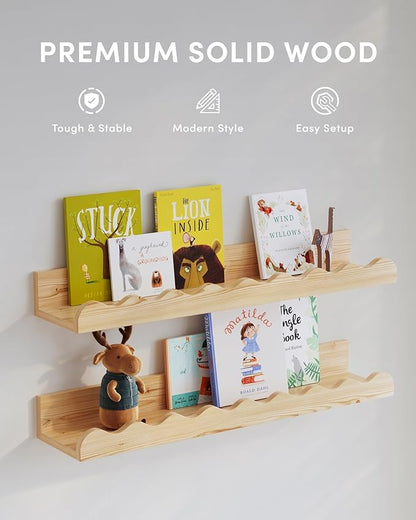 Kids' Bookshelf Set of 4 - Wood Floating Nursery Book Shelves, Picture Ledge Shelf for Wall Decor and Storage - Perfect for Books, Toys, Photo Frames, and Nursery Décor