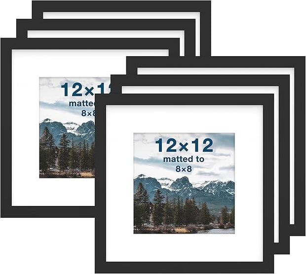 FrameWorks 12x12 mat to 8x8 Classic Wooden Picture Frames Tempered Glass/Black / 6-Pack