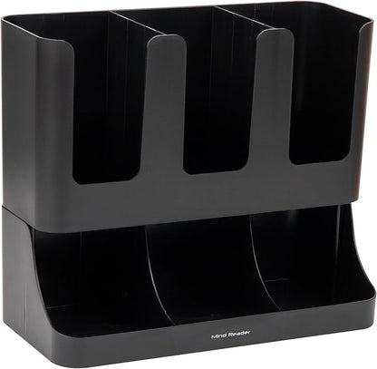 Mind Reader Cup and Condiment Station, Countertop Coffee Bar Organizer with 6 Compartments, Storage Caddy for Cups Lids and Packets, Plastic, Black