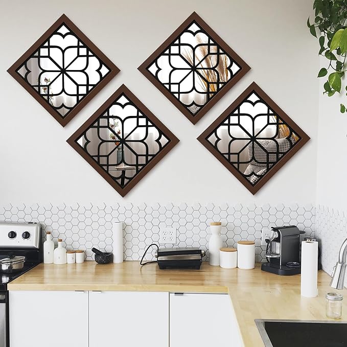 ZEXUIRU Set of 4 Wooden Rustic Square Wall Mirror Vintage Style Decorative Entry Mirror Farmhouse Wall Decoration for Living Room Bedroom Bathroom Kitchen 11.8 * 11.8inch Walnut…