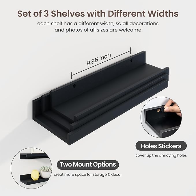 Axeman Picture Ledge Shelf | 16 Inch Black Floating Shelves Set of 3 | Rustic Wood Wall Shelves with Lip | 16