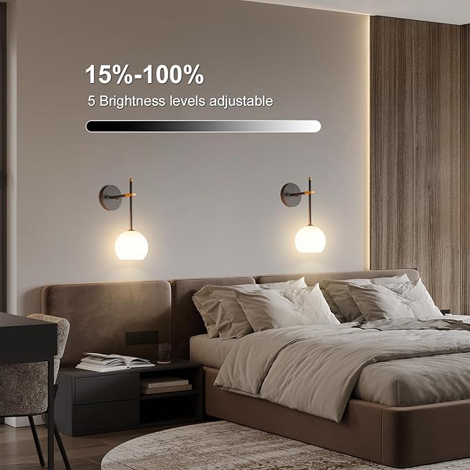 Black Gold Battery Operated Wall Sconces Set of 2, Rechargeable Wireless Wall Lights with Milky White Frosted Glass, 12 RGB and 3CCT Dimmable, Wall Lamps with Remote for Bedroom Living Room Hallway