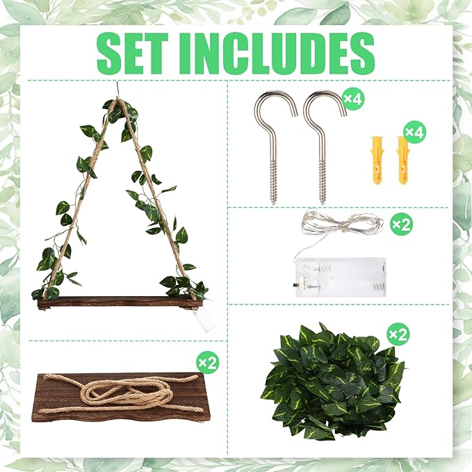 2 Set Floating Shelves for Wall, Plant Wall Decor, Hanging Shelf, Floating Shelves with Irregular Wooden Board Design LED Lights and Green Leaves, Boho Hanging Shelf for Home Decor Holiday