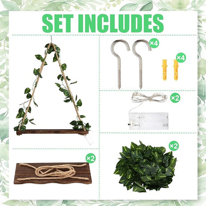 2 Set Floating Shelves for Wall, Plant Wall Decor, Hanging Shelf, Floating Shelves with Irregular Wooden Board Design LED Lights and Green Leaves, Boho Hanging Shelf for Home Decor Holiday