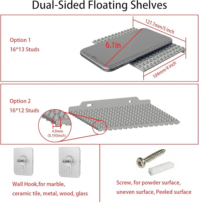 6 Pack Floating Shelves for Wall Compatible with Lego Building Bricks,16x13 Studs for Display and Protect Completed Legos Projects, Dual-Sided Display Shelves for Room Decor Grey