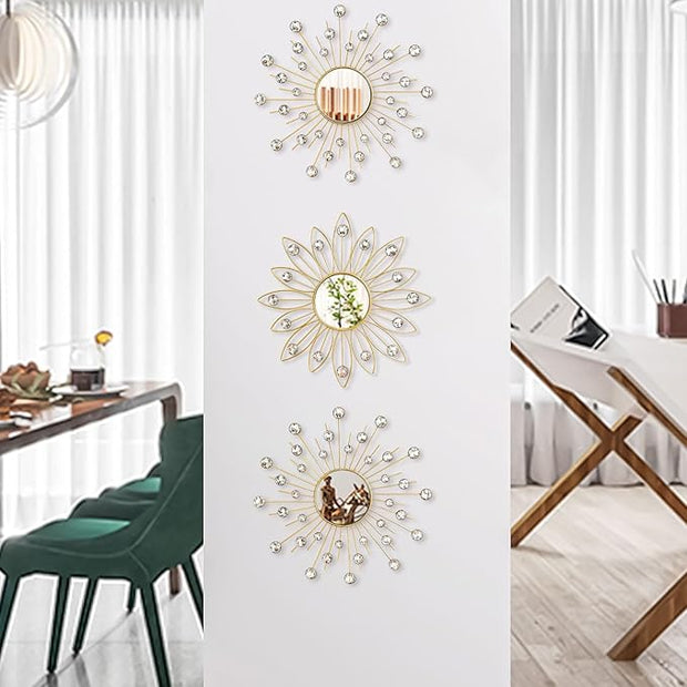 Uaussi 3 Pack Crystal Sunburst Wall Mirror Décor Rhinestone Mirrors Decorative Home Wall Art for Living Room Bedroom Entryway(Flower+Sunburst Gold)