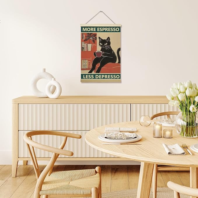 LETUROIA Black Cat Coffee Poster Hanger Frame, Espresso Canvas Wall Decor(12×16"), Wall Art For Home Kitchen Cafe Bar Shelf Office -38