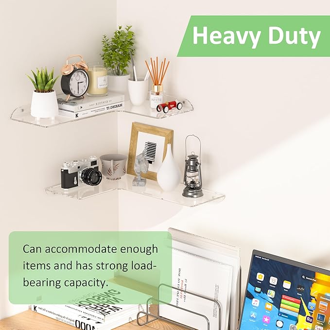 11.4x16 Inch Acrylic Corner Floating Shelf Set of 2, White Corner Wall Shelf for Home Décor, Speakers, Security Cameras, Toileries, Plants, Figures, Cosmetics, Books