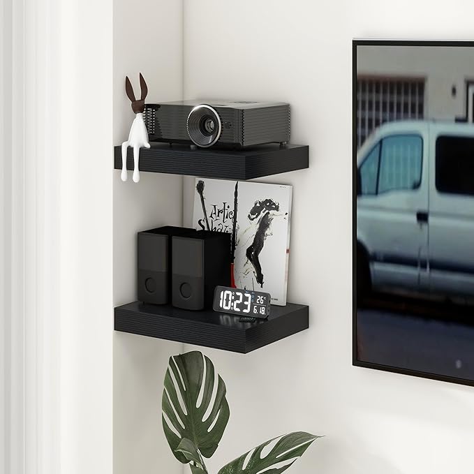 Deep Floating Shelves | 16 Inch Black Floating Shelves Set of 2 | 12 Inch Deep Black Wall Shelves | Deep Shelves for Living Room Bathroom Kitchen Bedroom