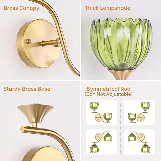 Battery Operated Wall Sconce, 2-Lights Vinatge Brass Wall Lighting with Green Tluip Shade Rechargeable Bulb with Remote for Living Room, Bedroom，Symmetrical 2 Pack