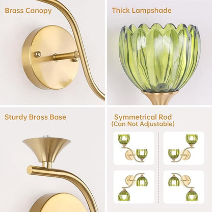 Battery Operated Wall Sconce, 2-Lights Vinatge Brass Wall Lighting with Green Tluip Shade Rechargeable Bulb with Remote for Living Room, Bedroom，Symmetrical 2 Pack