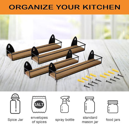TJ.MOREE 4 Pack Spice Rack Wall Mounted Rustic Style Hanging Spice Organizer for Wall, Kitchen Spice Storage, Black