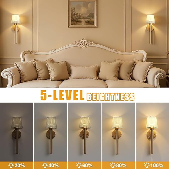Magnetic & Detachable Wireless Wall Sconces (Gold) - 5200mAh Rechargeable Battery Bar for Staircase, Bedroom, Lounge