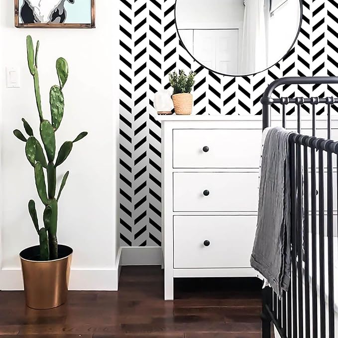 Black and White Peel and Stick Wallpaper Striped Wallpaper Herringbone Contact Paper Self Adhesive Waterproof Vinyl Roll for Bathroom Kitchen Backsplash Cabinets A Set of 17.3"x1200"