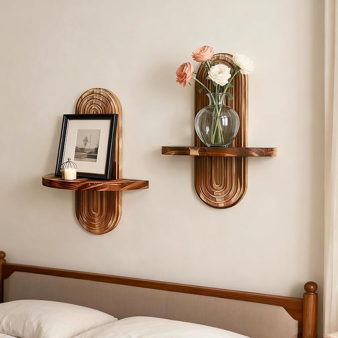 2 Pack Boho Wall Hanging Shelf - Handmade Rainbow Arch Floating Shelves Trinket Storage Rack Vintage Wood Wall Decor for Bedroom Living Room Nursery Bathroom