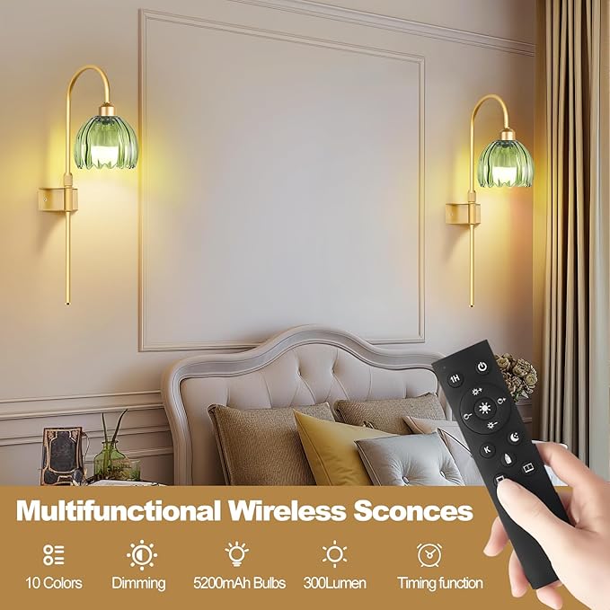 Vintage Battery Operated Wall Sconces Set of 2, Gold Rechargeable Wireless Wall Lamp Lights with Glass Lampshade & Remote,Dimmable 12 Colors Flower Wall Sconce for Bedroom Living Room Hallway
