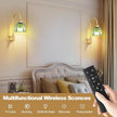 Vintage Battery Operated Wall Sconces Set of 2, Gold Rechargeable Wireless Wall Lamp Lights with Glass Lampshade & Remote,Dimmable 12 Colors Flower Wall Sconce for Bedroom Living Room Hallway