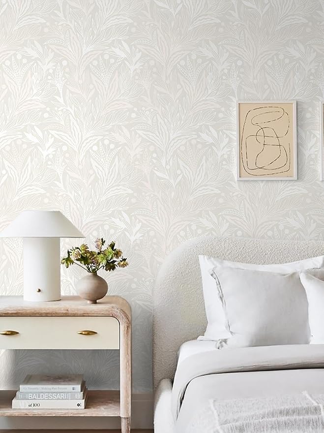 Peel and Stick Wallpaper Boho Contact Paper Beige Neutral Leaf Wall Paper Modern Self Adhesive Removable Wallpaper for Bedroom Living Room Waterproof Vinyl Roll 17.3