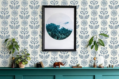 Wudnaye Blue Floral Peel and Stick Wallpaper Blue and White Contact Paper 17.7in×118in Vintage Floral Self Adhesive Wallpaper Navy Removable Tulip Wall Paper Waterproof for Bathroom Farmhouse Decor