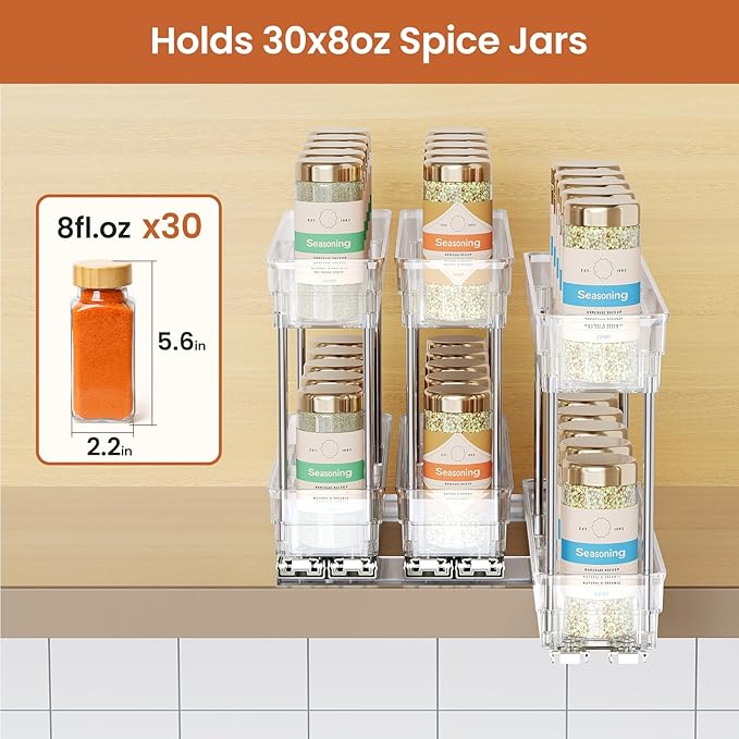 Pull Out Spice Rack Organizer for Cabinet, Slide Out Spice Racks Organizer, Easy to Install Spice Cabinet Organizers, 2.3''Wx10.66''Dx8.11''H, 3 Packs-2 Tiers(Clear)