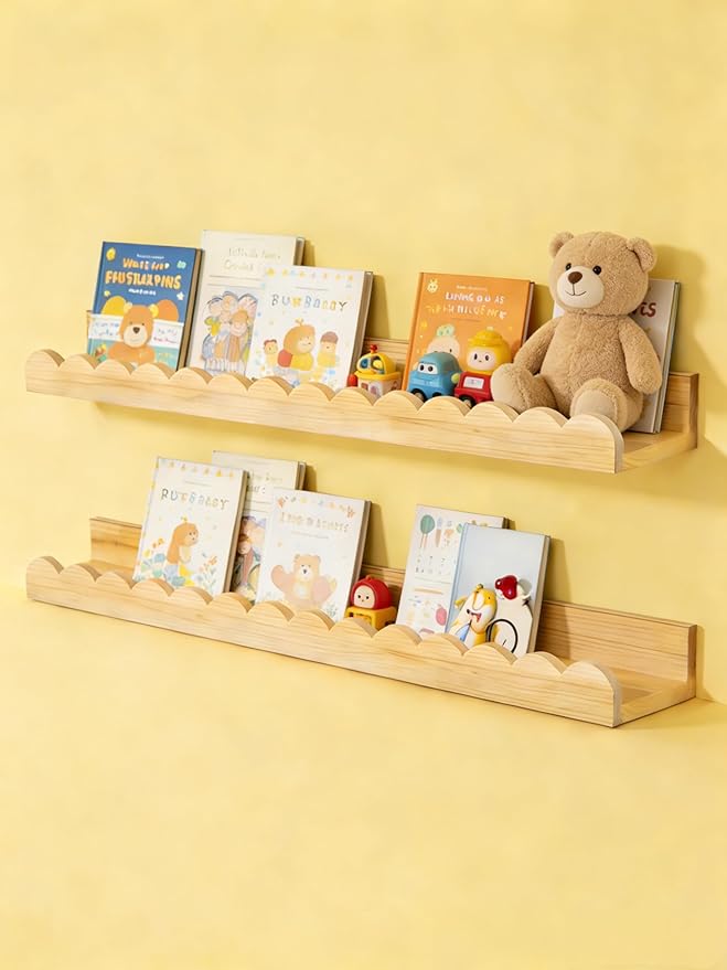 Nursery Book Shelves 24Inches-Floating Shelves for Bedroom Kids, Scalloped Shelves for Wall 2 Pack, Scalloped Shelf for Toddler Room, Baby Room, Nursery Decor, Natural, Large