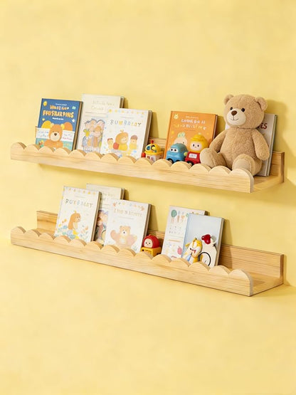 Nursery Book Shelves 24Inches-Floating Shelves for Bedroom Kids, Scalloped Shelves for Wall 2 Pack, Scalloped Shelf for Toddler Room, Baby Room, Nursery Decor, Natural, Large