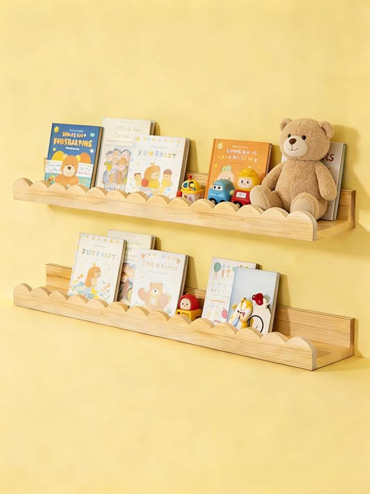 Nursery Book Shelves 24Inches-Floating Shelves for Bedroom Kids, Scalloped Shelves for Wall 2 Pack, Scalloped Shelf for Toddler Room, Baby Room, Nursery Decor, Natural, Large