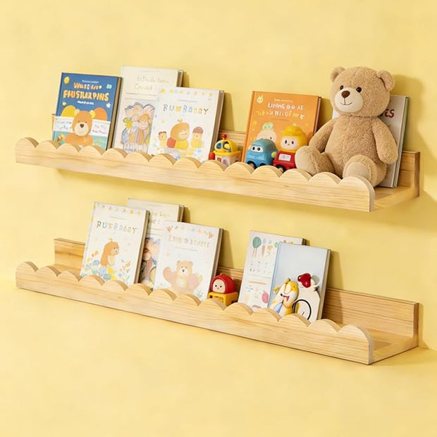 Nursery Book Shelves 24Inches-Floating Shelves for Bedroom Kids, Scalloped Shelves for Wall 2 Pack, Scalloped Shelf for Toddler Room, Baby Room, Nursery Decor, Natural, Large