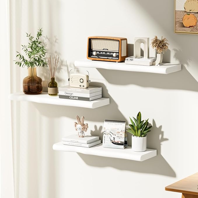 Floating Shelves for Wall Rustic Farmhouse 24 Inch Floating Shelf Bathroom Wooden Shelves for Wall Mounted Live Edge Pine Shelf with Unique Natural Grain for Living Room Bedroom Kitchen (White)
