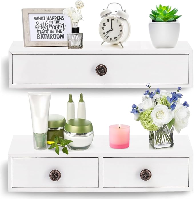 Yesland 2 Packs Floating Nightstand with Drawer - Rustic Wood Floating Wall Mounted Drawers Floating Shelf with Drawer for Living Room, Bedroom, Kitchen, Wall Decor, Storage, Display - White
