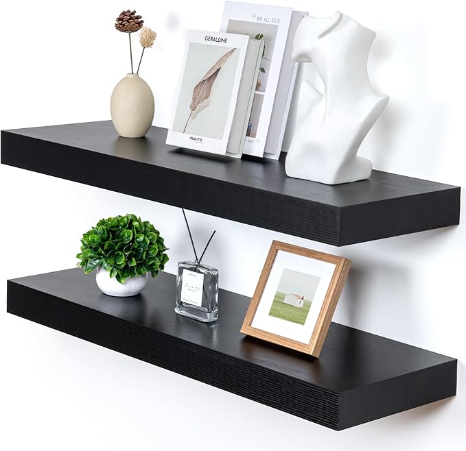 Deep Floating Shelves | 36 Inch Black Floating Shelves Set of 2 | 12 Inch Deep Rustic Wood Shelves for Wall | 36" W x 12" D Black Shelves for Living Room Bathroom Laundry Room Kitchen