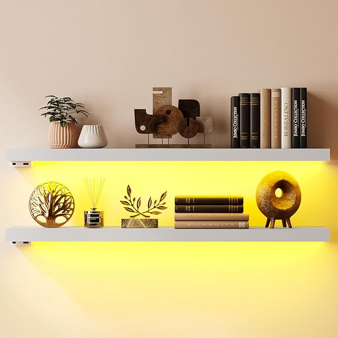 BAMEOS Floating Shelves with LED Lights, 31" White Wall Mounted Wooden Shelves with Invisible Brackets, Set of 2, Hanging Wall Shelves for Bedroom, Bathroom, Living Room and Kitchen Decoration