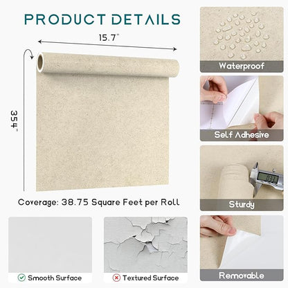 VEELIKE Beige Concrete Wallpaper Peel and Stick Textured Limewash Wallpaper for Bedroom Bathroom 15.7''x118'' Self Adhesive Sandstone Wall Paper Removable Beige Contact Paper for Walls Countertops