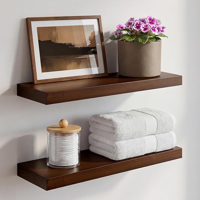 Homeforia Walnut 18 inch Floating Shelf, High End Solid Real Wood 18inch Floating Shelves for Wall Mounted, Dark Brown 18 inches Long Floating Shelves, Heavy Duty Bracket, 18 X 6.5 X 1.75 in, Set of 2