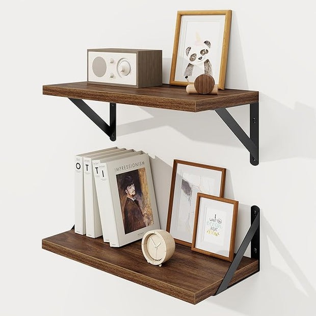 Floating Shelves, 8 Inch Deep Rustic Wood Wall Storage, 16W x 8D Wall Shelves Set of 2, Heavy Duty Metal Brackets, Industrial Book Shelf for Living Room, Kitchen, Bathroom, Bedroom, Walnut