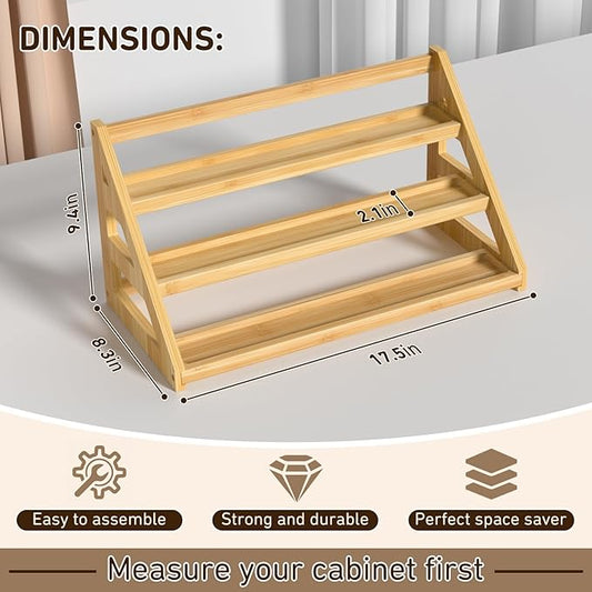 Bamboo Spice Rack - 3 Tier Spices Rack Kitchen Cabinet Organizer for Kitchen, Countertop Seasoning Storage Organizer Shelf.
