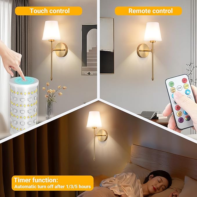 Peel and Stick Wall Sconces, Stick On Wall Sconce Set of 2, Battery Operated Wireless Wall Light, No Drill Adhesive Wall Lamp, Corn Bulb with 10000mAh Rechargeable Battery, Bedroom Wall Decor