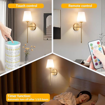 Peel and Stick Wall Sconces, Stick On Wall Sconce Set of 2, Battery Operated Wireless Wall Light, No Drill Adhesive Wall Lamp, Corn Bulb with 10000mAh Rechargeable Battery, Bedroom Wall Decor