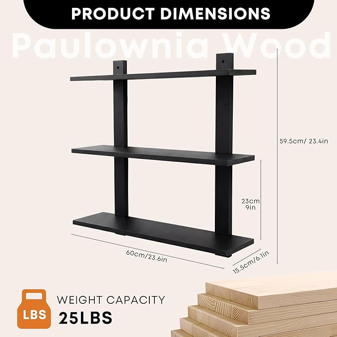 PHOENANCEE 3 Tier Floating Shelves,Long Wall Shelf,Over The Toilet Shelves Bathroom Hanging Display Storage Rustic for Living Room Bedroom Kitchen Office Coffee Bar Decor Decorative,24 Inch