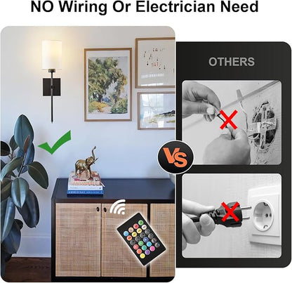 Battery Operated Wall Sconce Set of Two, Wireless Rechargeable Wall Light with Remote Control, Dimmable, 4 Color Temperatures, RGB, Timer, for Living Room,Bedroom,Entryway, Black, 20.6 Inch