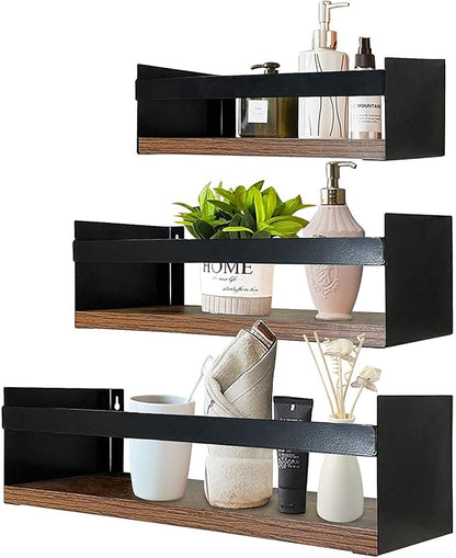Giftgarden Black Floating Shelves for Wall Set of 3, Industrial Thick Wall Shelf Rack with Iron Rail Bracket for Storage Bathroom Kitchen Bedroom Plant Nursery Books Laundry