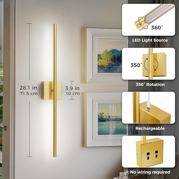 L LOHAS LED Battery Operated Wall Sconces Set of 2, Battery Wall Sconce 10000mAh, Gold Rechargeable Sconces 6000K, 28.3 Inch Wireless Wall Lights, Sconce Wall Decor for Bedroom, Living Room