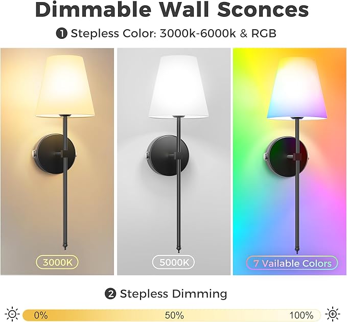 DORESshop Battery Operated Wall Sconce Set of Two, 10000mah Black Rechargeable Wall Sconce with Remote Control, 9 Colors Indoor Wireless Wall Lights for Bedroom Living Room Hallway, Dimmable