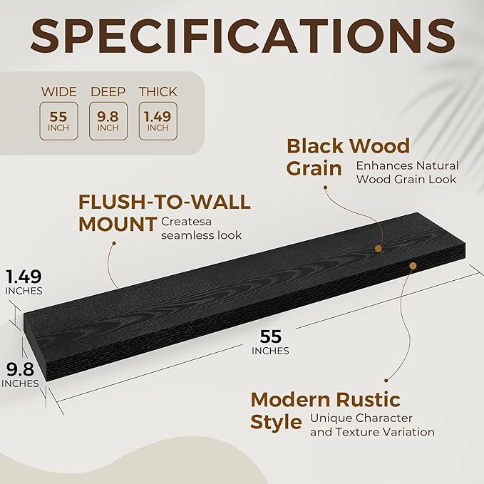 Dreamland 55 Inches Floating Shelves for Wall, 9.8" Deep Long Floating Shelves Set of 2, Large Display & Storage Shelf, Wall Shelf for Bathroom Bedroom Living Room Kitchen Office, Black