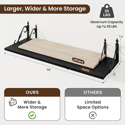 RICHFOCUS 12 Inch Deep Floating Shelves for Wall, 36" W x 12" D Black Wood Wall Shelves Set of 2, Wide Floating Shelves for Living Room, Bedroom, Kitchen, Bathroom and Decor Storage, Black