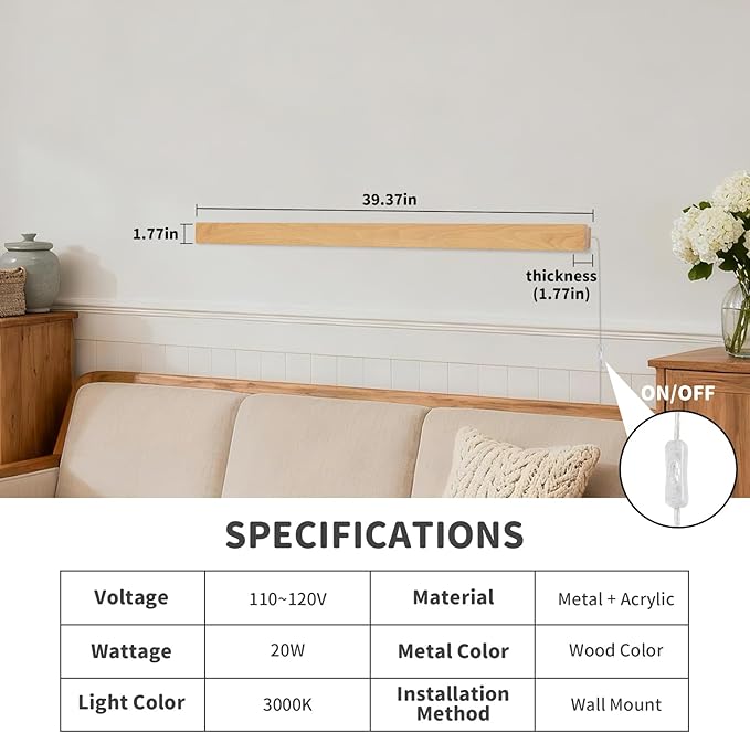 Modern Plug in Long Wall Sconce, 39.3