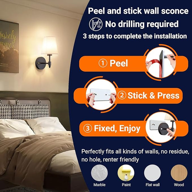 Peel and Stick Wall Sconces, No Drilling Stick On Wall Sconce, Wireless Battery Operated Wall Lights, Adhesive Wall Lamp with 10000mAh Battery Bulb for Bedroom Living Room Decor