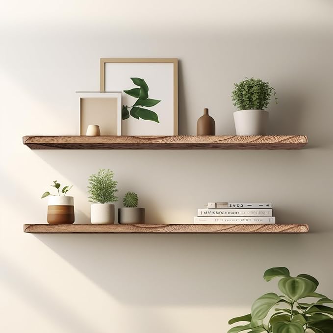 Floating Shelves 36 Inches Long, Set of 2 Solid Rustic Wood Wall Mounted Shelves, Wall Picture Ledge Shelf with Invisible Metal Brackets for Living Room, Bedroom, Bathroom, Carbonized Black