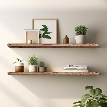 Floating Shelves 36 Inches Long, Set of 2 Solid Rustic Wood Wall Mounted Shelves, Wall Picture Ledge Shelf with Invisible Metal Brackets for Living Room, Bedroom, Bathroom, Carbonized Black