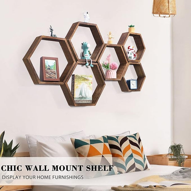 NOVIMANGO Hexagon Floating Shelves Set of 6 Honeycomb Shelves for Wall Wood Farmhouse Storage Home Decor Shelf Wall Mounted Wooden Hexagonal Shelves for Bedroom Living Room Nursery, Rustic Brown